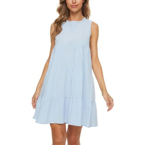 Women Summer Dress Solid Color Loose Casual Ladies Round Neck Simple Dress for Shopping Fashion Loose Hem Ladies Beach Dresses