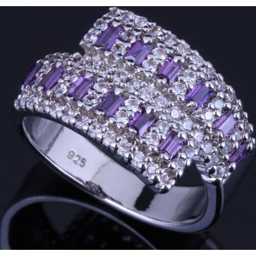 Superb Purple Cubic Zirconia White CZ Silver Plated Ring V0670