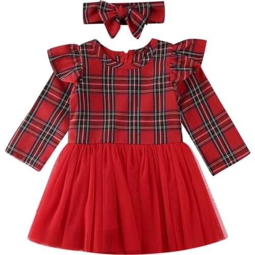 6M-3Years Toddler Baby Girl Christmas Clothes Plaid Long Sleeve Tutu Dress+Headband Set