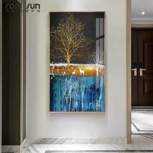 Modern Blue Ground Deer Under Tree Canvas Poster and Print Abstract Art Painting Wall Picture for Living Room Bedroom Home Decor