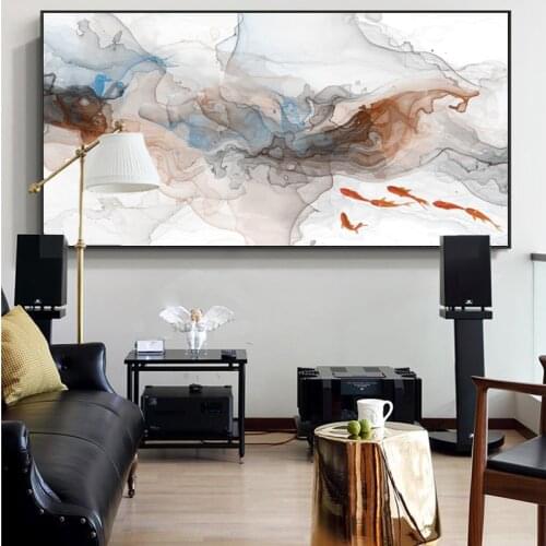 Traditional Chinese Abstract Posters and Prints Wall Art Canvas Painting Imagery Goldfish in the Water Pictures for Living Room