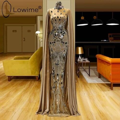 Lowime Champagne Luxury Crystal Beading Mermaid Evening Dresses with Long Cape Sexy Illusion High Neck Prom Party Gowns