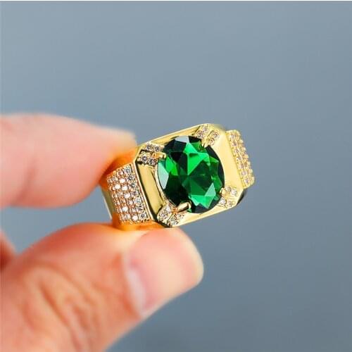 Classic Female Male Green Crystal Ring Vintage Zircon Gold Color Wedding Rings For Women Men Luxury Oval Big Engagement Ring