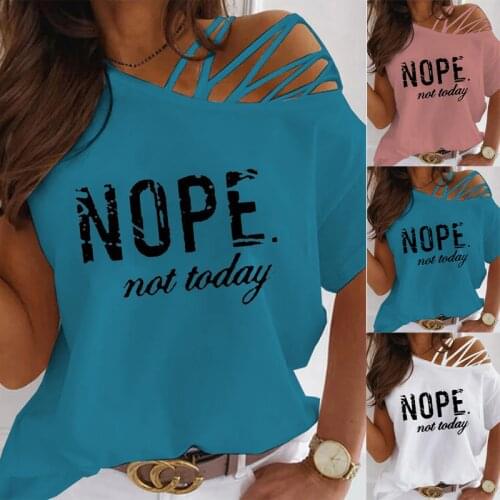 Womens Casual Text Printing Round Neck Short-sleeved T-shirt Summer Sexy Off-shoulder Pullover Top Loose Large Size Ladies Tops