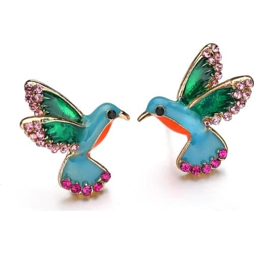 SexeMara Fashion Rhinestone Birds Stud Earrings for Women Vintage Blue Enamel Earring Fashion Jewelry Brincos
