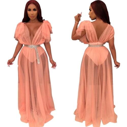 Echoine Sheer Mesh V-neck Sexy Dress Evening Party Club Dresses Outfits Summer Beach Robe Femme Tansparent Lace Vestidos