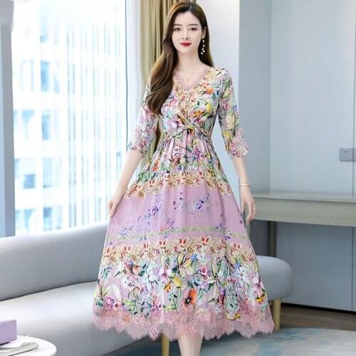 Summer Floral Chiffon Boho Vacation Maxi Dress 2021 Vintage Oversize Pink Beach Long Sundress Women Lace Bodycon Party Vestidos