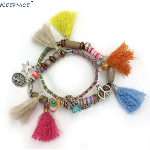 Rushed Tension Setting Rolo Chain New Ethnic Handcraft Bracelets Friendship Bracelet Tassel Charm Bangle Beaded Bohemia