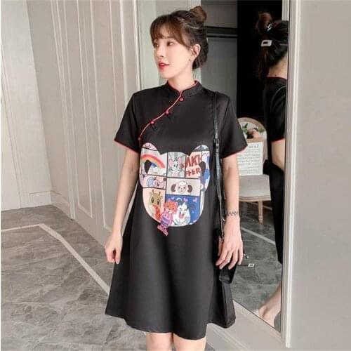 Black Sweet Cheongsams Modern Cartoon Printing Chinese Qipao Girl Stand Collar Plus Size Asian Dress Fashion Women Party Vestido