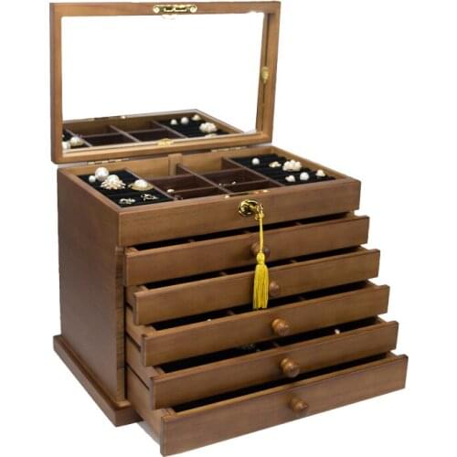 Wooden Storage Box Jewelry Box Organizer Chinese Style Retro High Capacity Luxurious New Zealand Pine Carrying Cases With Mirror