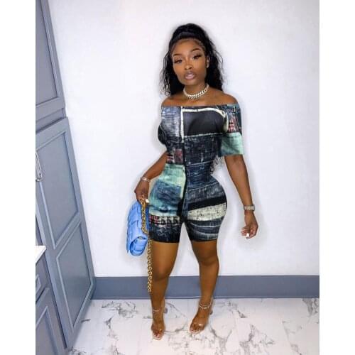 DPSDE 2021 Summer Womens Fashion Sexy One Word Shoulder Short Sleeve Slim Body Short Print Jumpsuit