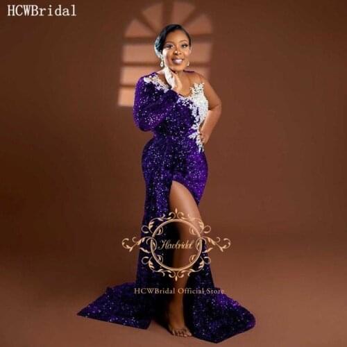 Purple 2021 Sparkly Mermaid Evening Dress For Black Women Long Sleeve High Slit White Lace Sequin Birthday Party Formal Gowns