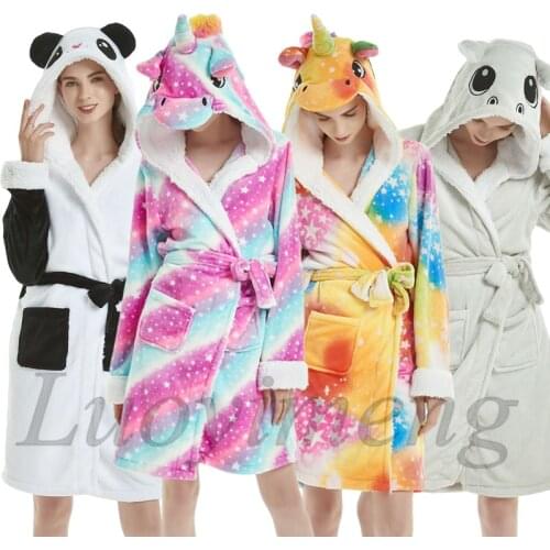 Adults Animal Flannel Bath Robe Sleepwear Women Men Bathrobe Nightgown Thick Warm Robe Winter Unisex Panda Unicorn Plush Pajamas