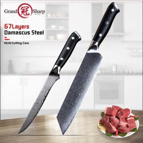 Grandsharp 2 Pcs Damascus Kitchen Knife Sets 67 Layers vg10 Japanese Damascus Steel Boning Kiritsuke Knives G10 Handle