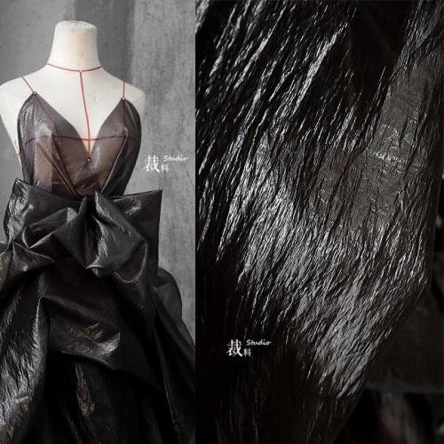 Imitation plastic cloth Laver black perspective mesh pleated texture clothing designer original fabrics for patchwork