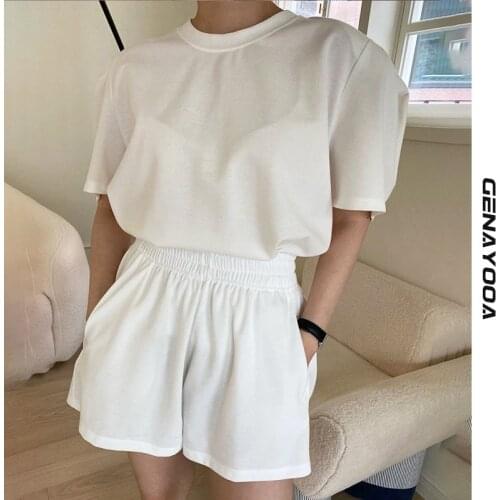 Genayooa Casual Solid Short And Top Set For Women 2021 Short Sleeve Elegant Loose Ladies Two Piece Outfits Korean Fashion Summer