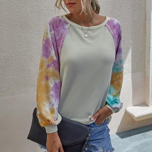 Fashion Women Pullover Long-Sleeve Round Neck Tie Dye Printing Stitching Color Sweatshirt Womens Clothing 2021