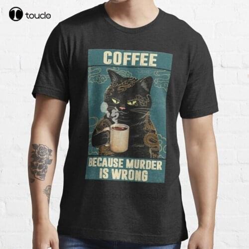 New Black Cat Coffee Because Murder Is Wrong Funny Gifts For Cat Lover T-Shirt Cotton Men Tee Shirt