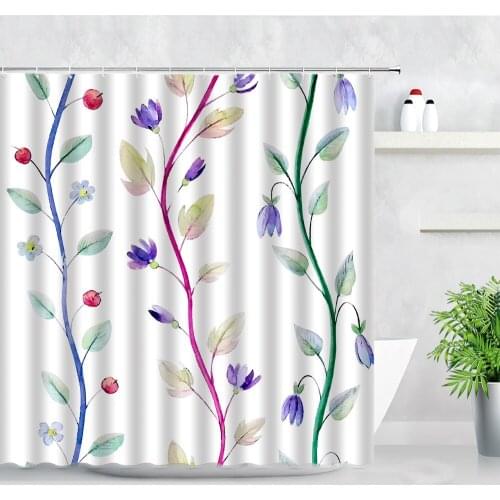 Simple Floral Waterproof Shower Curtains Set Watercolor Flower Plant Palm Tree Creative Design Fabric Bathroom Bath Curtain Hook