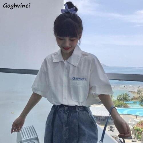 Shirts Women Preppy Style Summer Simple Letter Printed Shirt Womens Loose Chic Ins Retro Aesthetic Tops Student Trendy Harajuku