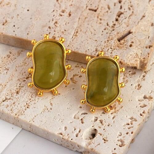 Lifefontier Vintage Big Green Irregular Stone Stud Earrings for Women Gold Color Geometric Metal Earrings Korean Fashion Jewelry
