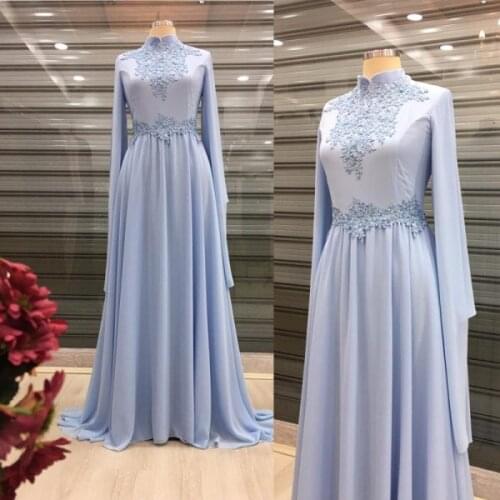 Chiffon Appliques Long Sleeve Muslim Evening Dress High Neck A Line Arabic Dubai Robe De Soire Kaftan Formal Party Gowns