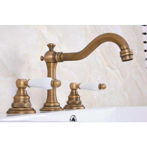 Vintage Retro Antique Brass Deck Mounted Dual Handles Widespread Bathroom 3 Holes Basin Faucet Mixer Water Taps man073