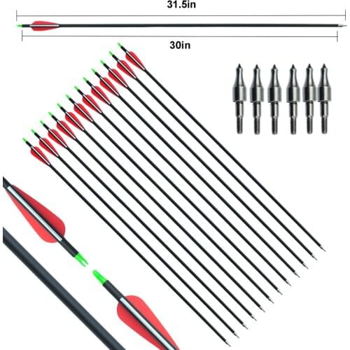 Mixed Carbon Arrow 28/30/32 Inches Spine 500 with Replaceable Arrowhead for Compound/Recurve Bow Archery Hunting