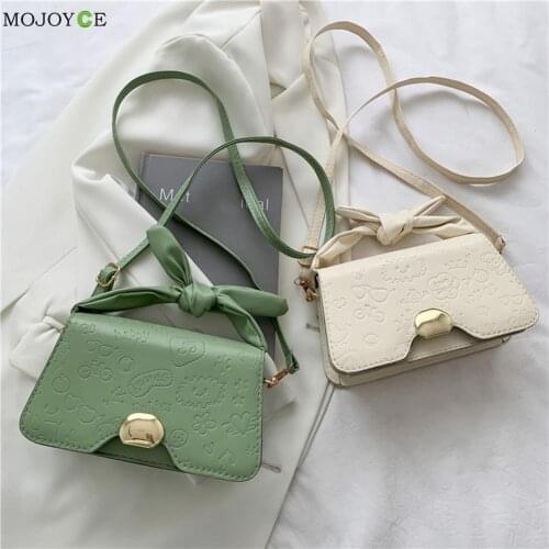 Vintage Women PU Leather Shoulder Bag Pure Color Cartoon Embossing Top-handle Small Bowknot Handbag All-match Shopping Pouch
