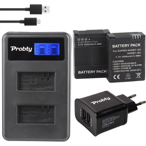 PROBTY 2x 1600mAh AHDBT-301 Battery + LCD Dual Charger + 2-Port USB Plug For GoPro Hero 3 Hero 3+ Camera Accessories