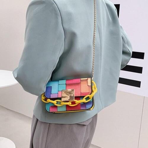 Youth Ladies Simple Versatile Bag Women Mini Crossbody Bag Acrylic Chain Lady Contrast Color PU Leather Handbag Shoulder Bag