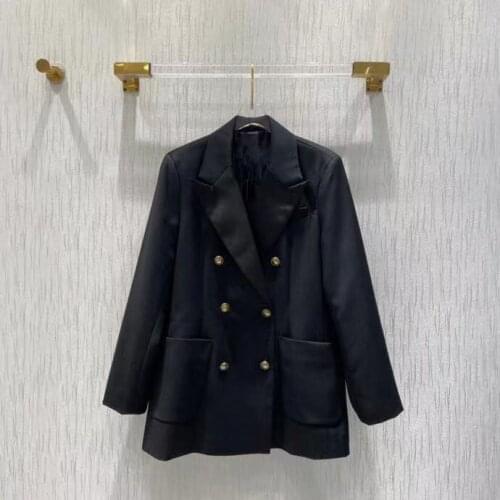 2021 Early Autumn Winter Women Black Blazer Turn down Collar Double Breasted Pockets Ladies Hot Sale Jacket Runway Designer