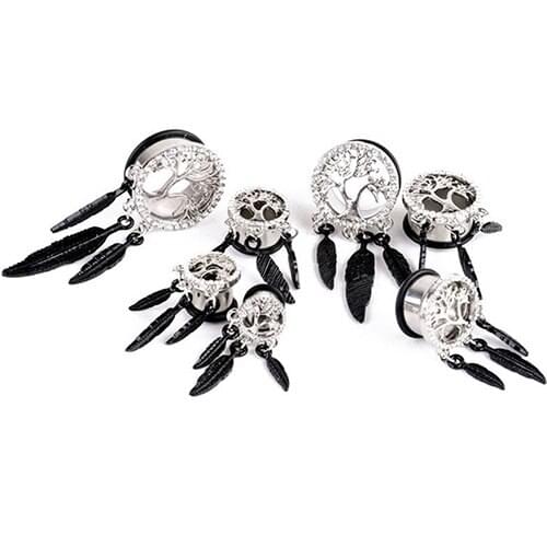Women Punk Rhinestone Leaves Piercing Ear Tunnels Plugs Gauges Ear Stretching Kit