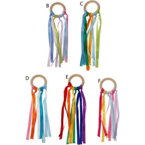 Drop Ship. Rainbow Natural Wooden Ribbon Ring Baby Teether Newborn Sensory Toy Shower Gift