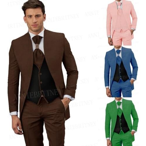 2021 Newest Brown Suit Men Tailcoat Set Slim fit Prom Wedding Groom Marriage Clothes Formal Dinner Blazer Vest Pants 3 Pieces