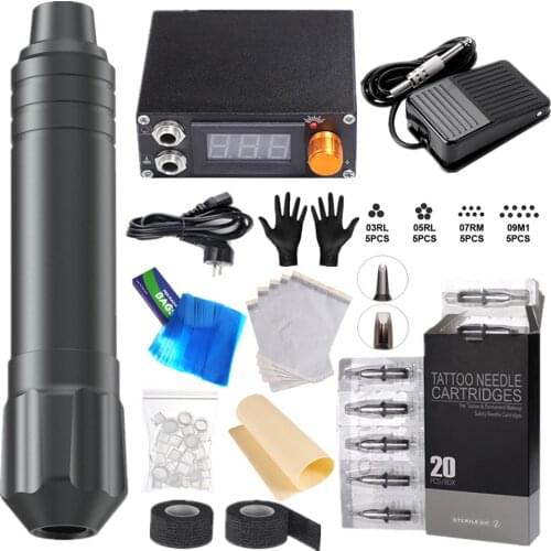 2021 Tattoo Kits Including Rotary Pen Machine, Mini Power Supply, Footpedal ,20pcs Cartridges Needle, Practice Skin Leather