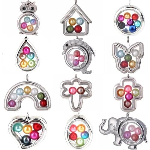 4 Colors Living Memory Floating Locket Pendant Glass Floating Beads Cage Locket Pendant 8mm Pearl Cage