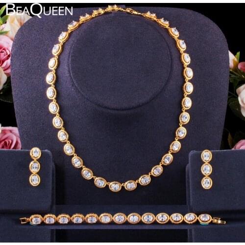 BeaQueen African Nigerian Gold Color 3pcs Cubic Zirconia Round Drop Earrings Necklace and Bracelets Bridal Jewelry Sets JS275
