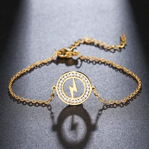 CACANA 316L Stainless Steel Crystal Bracelet Simple Lightning Round Bracelets Gold-Color Engagement For Women Gifts Jewelry New