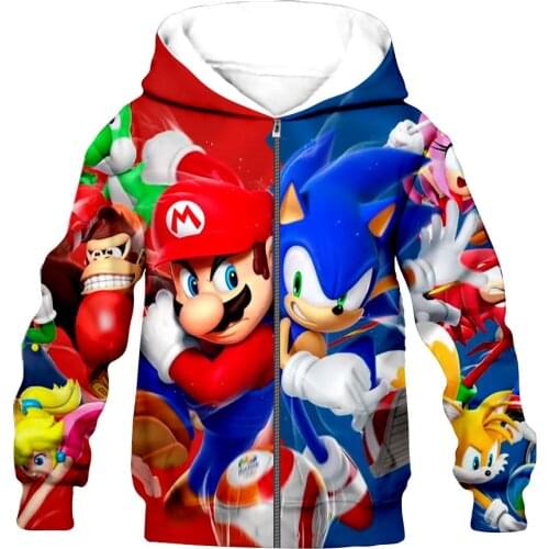 Mario/Sonic cartoon kid 3D print Flannelet Children zipper coat Sweatshirt/Hooded//family clothing design dropshipping