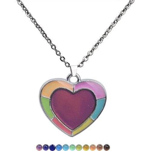 JUCHAO Temperature Control Color Change Luminous Peach Heart Pendant Stainless Steel Chain Mood Necklace Women