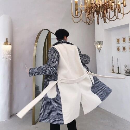 Mens Long Trench Coat Checks Single Breasted Mixed Color Overcoat Casual Windbreaker K20