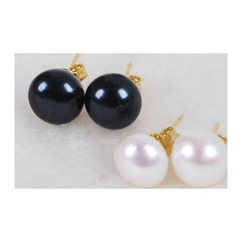 New 2pairs 7-8mm Black White Fresh water cultured pearls 18K GP stud Earrings
