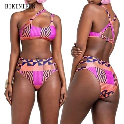 2020 New Checkered Print Beachwear Women Single Shoulder Swimwear Backless Bathing Suit S-XL Girl High Waist Swimsuit Bikini Set