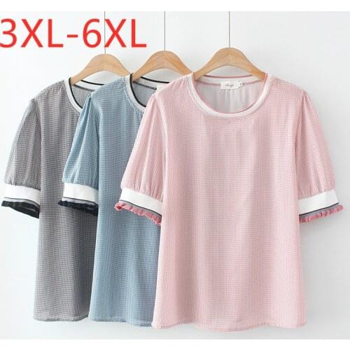New 2021 Ladies Summer Plus Size Tops For Women Large Short Sleeve Loose Pink Blue Plaid Chiffon T-Shirt 3XL 4XL 5XL 6XL