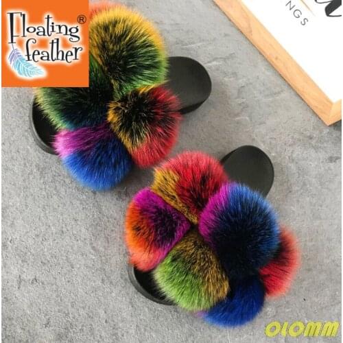 Wholesale Women Real Fox Fur Slides Home fluffy Flat Sandals Female Cute Fluffy House Shoes Woman raccoon fur slides