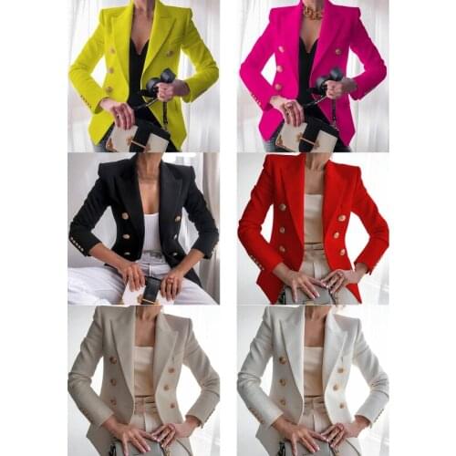 Women Vintage Jacket Double Breasted Solid Color Slim Fit Coat Notched Lapel Pocket Long Sleeve Office Cardigan