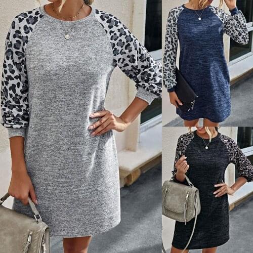 Casual Women Autumn Leopard Patchwork Long Sleeve O Neck Loose Tunic Mini Dress Loose Mini Party Dress Vestidos Plus Size