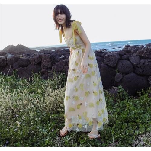 Sundress Embroidery Spaghetti Strap Maxi Women Dress Beach Strapless Mesh Sleeveless High Quality Ladies Dresses Runway Dresses