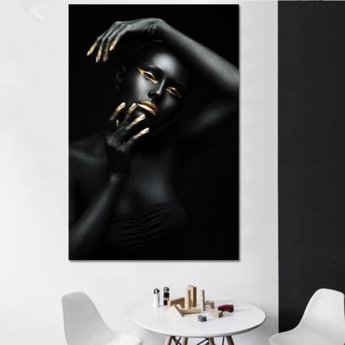 Modern Photo Pictures Black Sexy Girl Gold Lip and Hands Canvas Painting Wall Art For Living Room Home Decor Posters and Prints